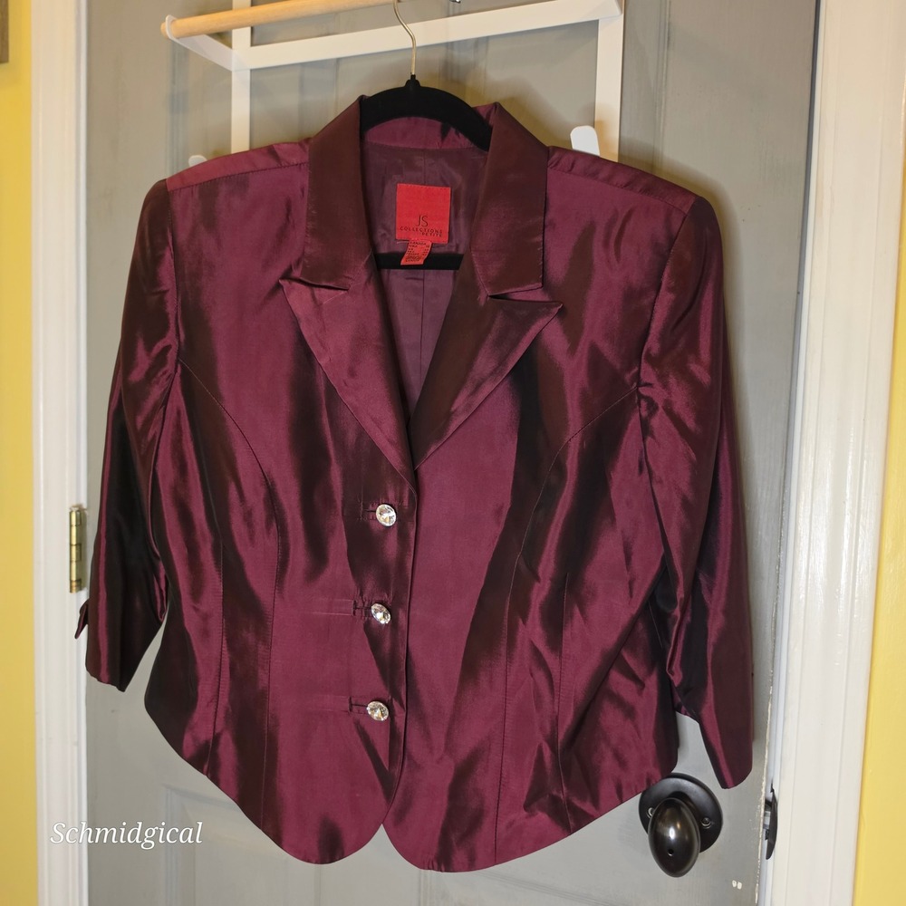 JS Collections Petite Burgundy Iridescent Evening Blazer Rhinestone Buttons 12P